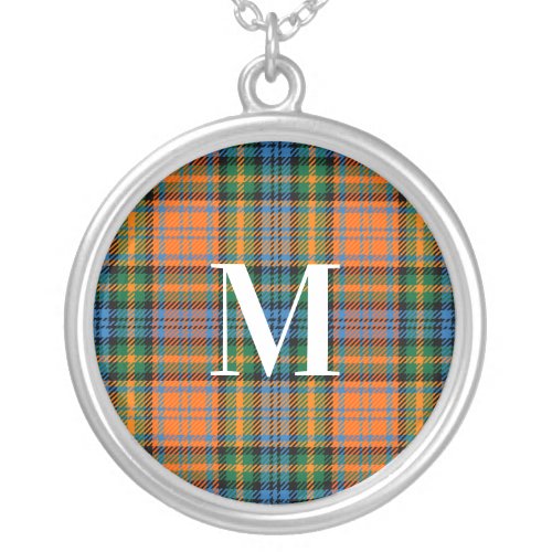 Plaid Red Green Check Rustic Monogram Tartan Silver Plated Necklace