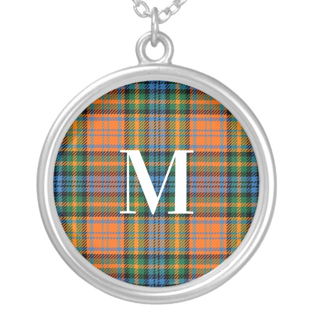 Plaid Red Green Check Rustic Monogram Tartan Silver Plated Necklace (Front)