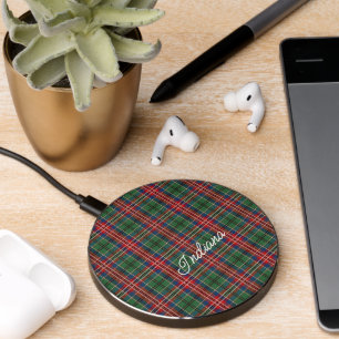 Plaid Red Green Check Rustic Script Tartan Custom Wireless Charger