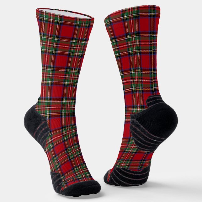Plaid Red Green Checkered Clan Stewart Tartan Socks (Angled)