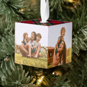 Plaid Red Green Family Photos Stewart Tartan Cube Ornament
