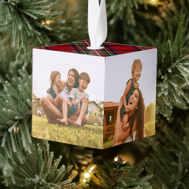 Plaid Red Green Family Photos Stewart Tartan Cube Ornament (Tree)