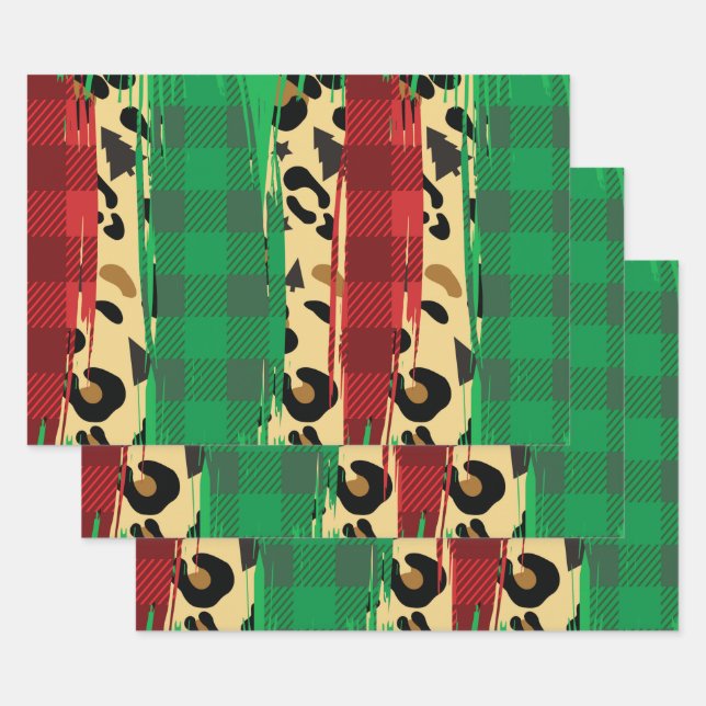 Plaid Red & Green Leopard Print Christmas  Wrapping Paper Sheets (Set)