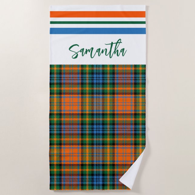 Plaid Red Green Rustic Bright Personalized Tartan Beach Towel (Front)