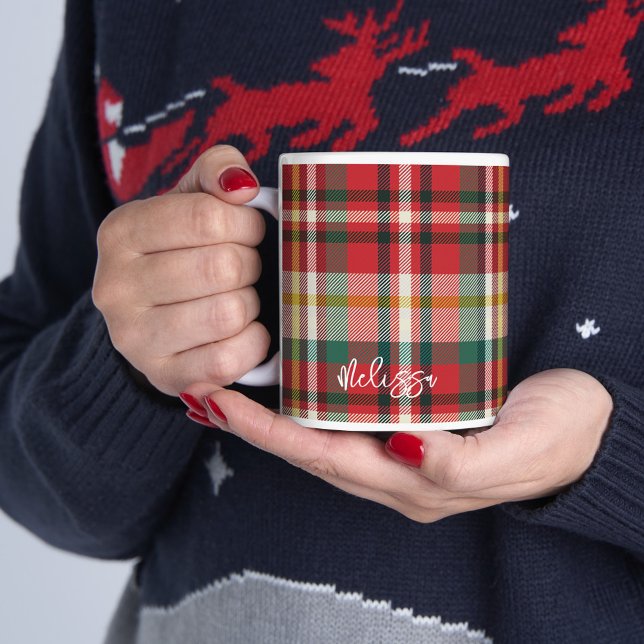 Plaid Red Green Rustic Personalized Christmas Coffee Mug (Personalized Script Plaid Rustic Christmas Holidays 11oz Coffee Mug)