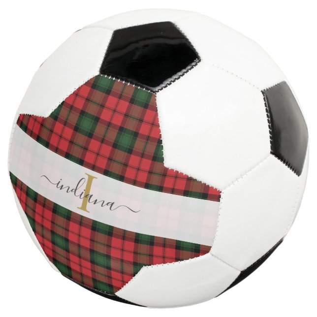 Plaid Red Green Tartan Monogram Script Name Soccer Ball (Three Quarter)