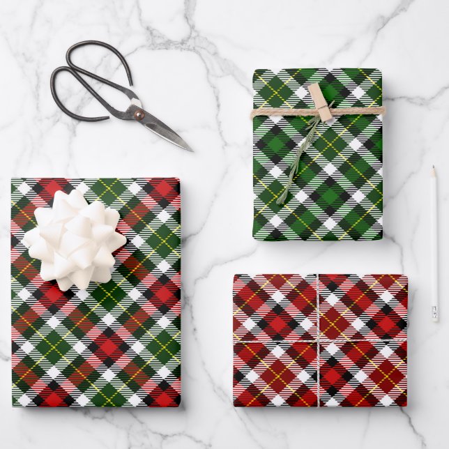  Plaid Red Green White and Black Wrapping Paper Sheets (Front)