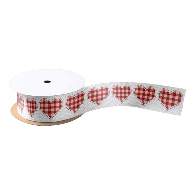 Plaid Red Hearts Pattern Satin Ribbon (Spool)