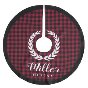 Plaid Red Holiday Name + Year Christmas Brushed Polyester Tree Skirt