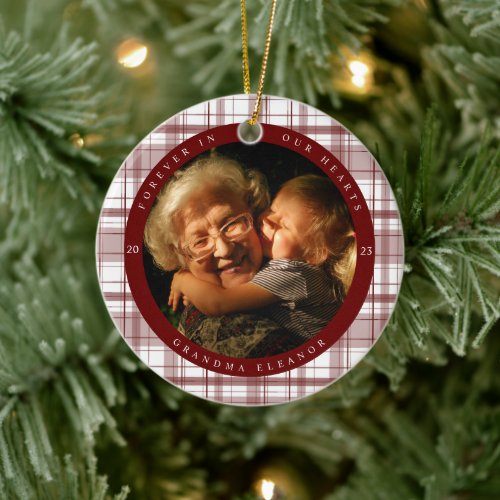 Plaid Red Memorial Two Photo Ceramic Ornament