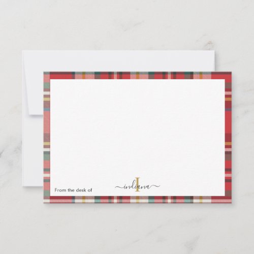 Plaid Red Monogram Script Rustic Name Thank You Card