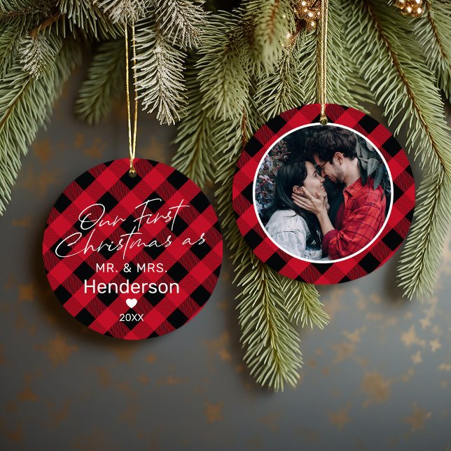 Plaid Red Mr & Mrs First Christmas Ceramic Ornament (Creator Uploaded)