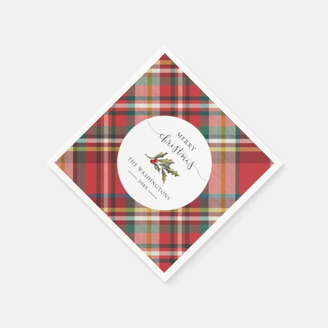 Plaid Red Rustic Merry Christmas Farmhouse Paper Napkins (Corner)