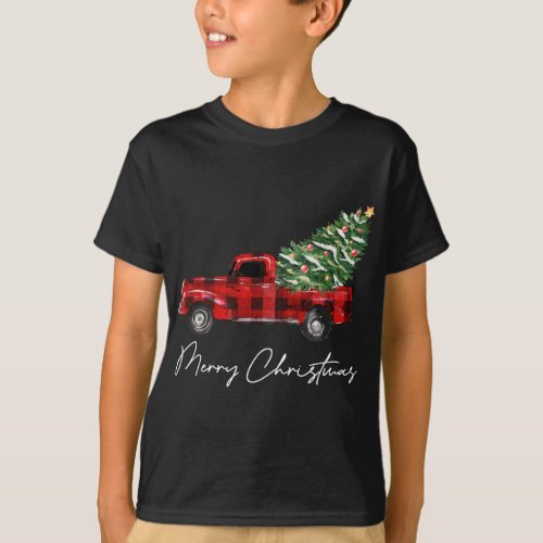 Plaid Red Truck Christmas Merry Christmas Xmas Tre T_Shirt