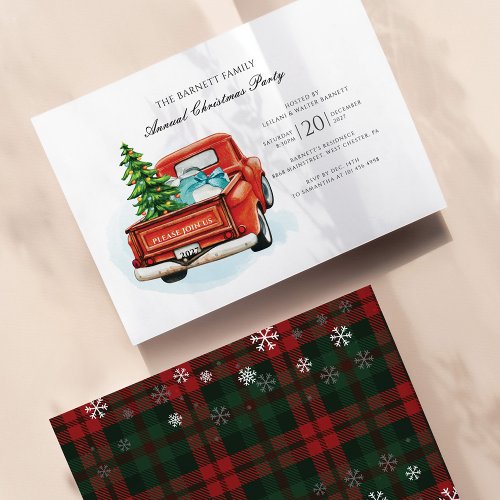 Plaid Red Truck Christmas Party Invitation