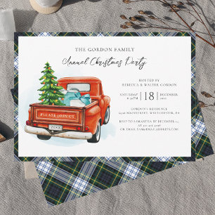 Plaid Red Truck Gordon Tartan Christmas Party Invitation