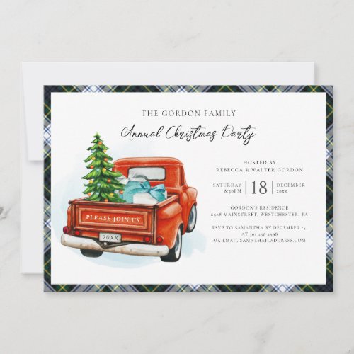 Plaid Red Truck Gordon Tartan Christmas Party Invitation