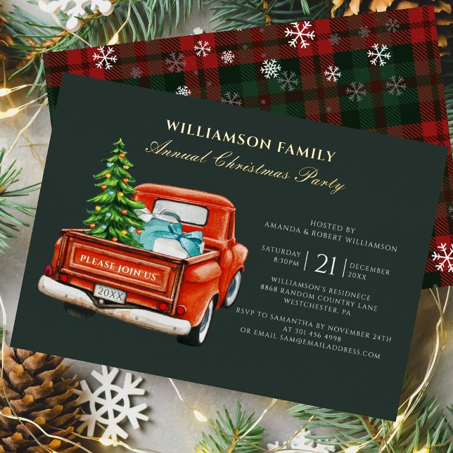 Plaid Red Truck Rustic Christmas Party Gold Foil Invitation (Rustic Plaid Christmas Party Red Truck Tartan Invitation Card)