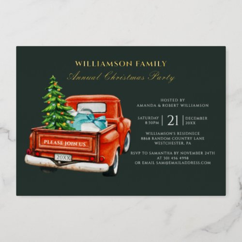 Plaid Red Truck Rustic Christmas Party Gold Foil Invitation