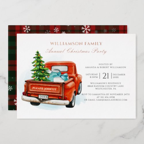 Plaid Red Truck Rustic Christmas Party Rose Gold Foil Invitation