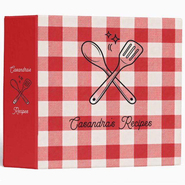 Plaid Red & White Custom Name Gift 3 Ring Binder (Front/Spine)