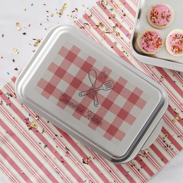 Plaid Red & White Custom Name Gift Cake Pan (In Situ)