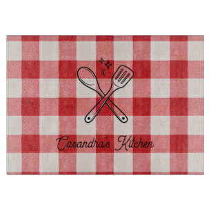 Plaid Red & White Custom Name Gift Cutting Board