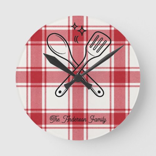 Plaid Red & White Custom Name Gift Round Clock