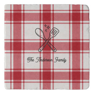 Plaid Red & White Custom Name Gift Trivet