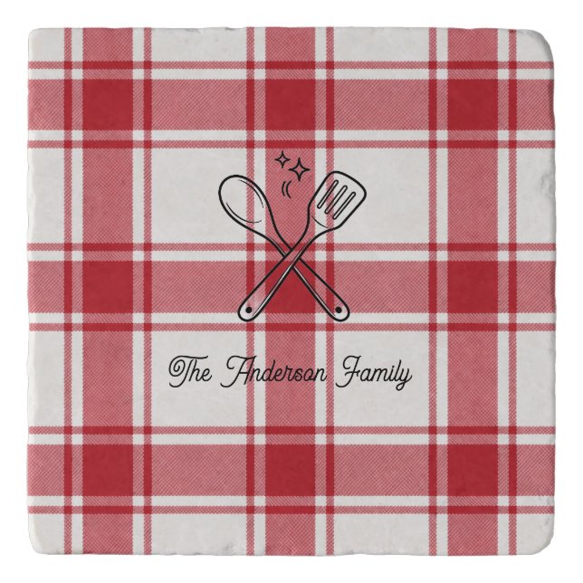 Plaid Red & White Custom Name Gift Trivet (Front)