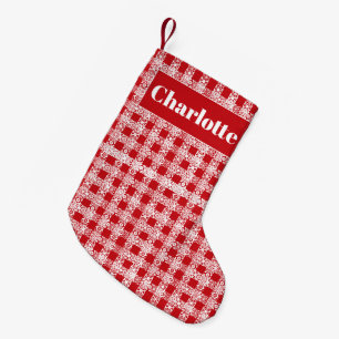 Plaid red white lace checkered pattern custom name small christmas stocking