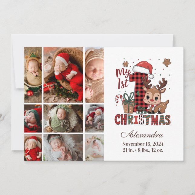 Plaid Reindeer 9 Photo  First Christmas Holiday Card (Front)