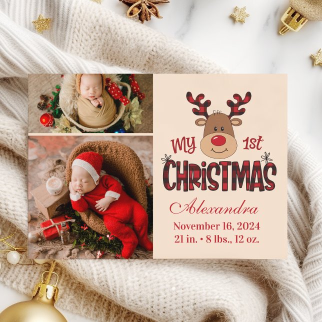 Plaid Reindeer Baby First Christmas 2 Photo  Holiday Card (Creator Uploaded)