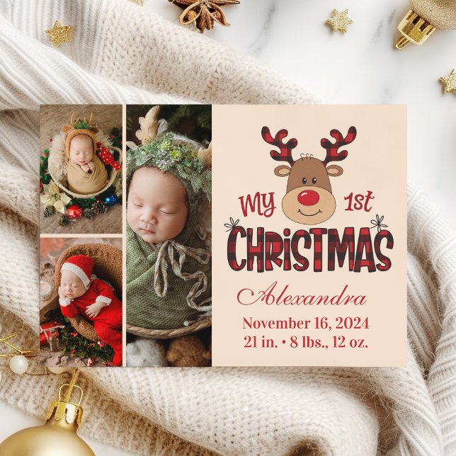 Plaid Reindeer Baby First Christmas 3 Photo  Holiday Card (Creator Uploaded)