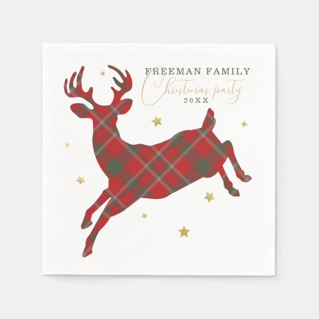 Plaid Reindeer Christmas Party Paper Napkins, Napkins (Front)