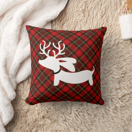 Plaid Reindeer Dachshund Throw Pillow