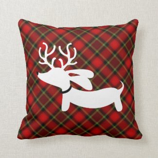 Plaid Reindeer Dachshund Throw Pillow