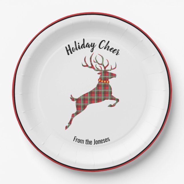 Plaid Reindeer Holiday Cheer Paper Plates (Front)