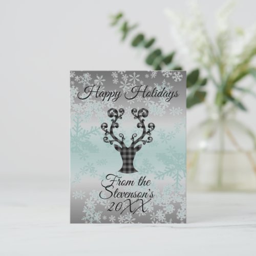 Plaid Reindeer Snowflakes Christmas Personalized  Holiday Postcard