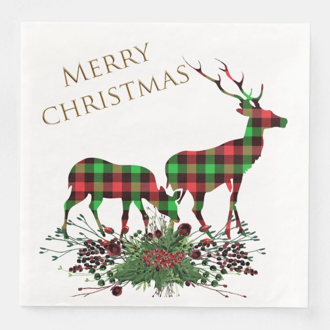Plaid Reindeers Merry Christmas & Greenery Paper Dinner Napkins (Front)