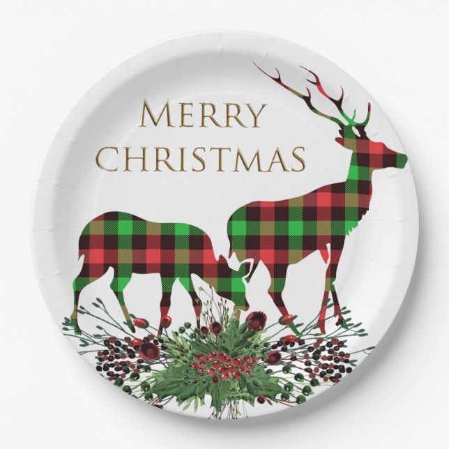 Plaid Reindeers Merry Christmas & Greenery Paper Plates (Front)
