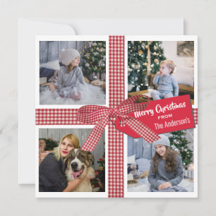 Plaid Ribbon and Bow 4 Photo Collage Christmas Hol Holiday Card