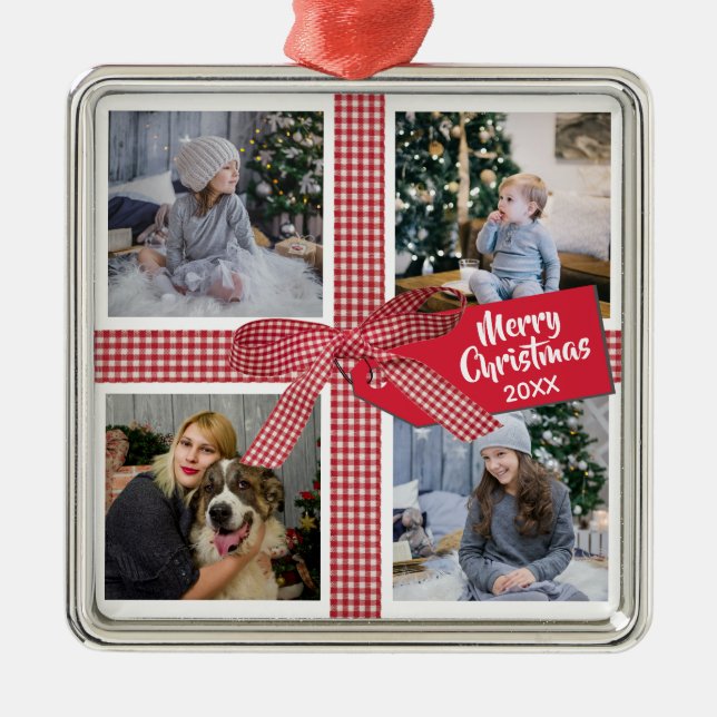 Plaid Ribbon and Bow 4 Photo Collage Christmas Metal Ornament (Front)