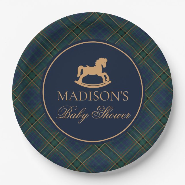 Plaid Rocking Horse Baby Shower Envelope Seal Paper Plates (Front)