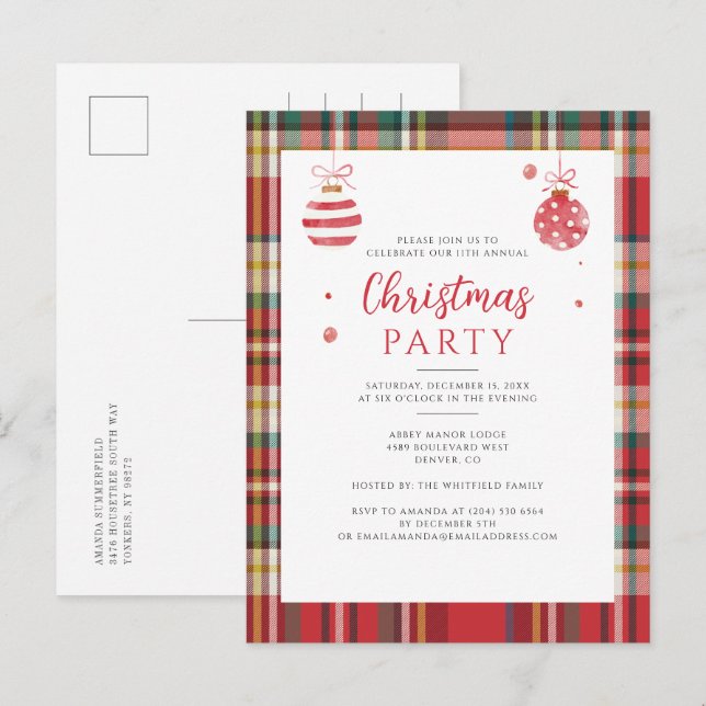 Plaid Rustic Annual Corporate Christmas Party Invitation Postcard (Front/Back)