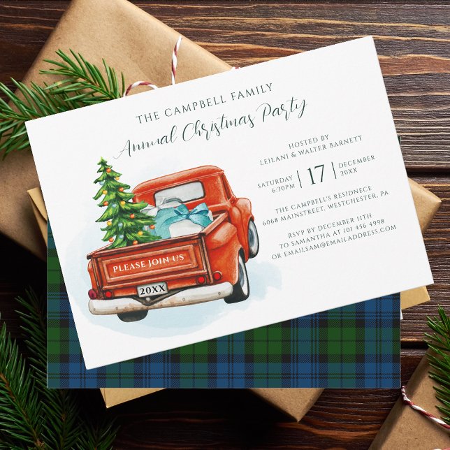 Plaid Rustic Christmas Party Tartan Invitation (Plaid Christmas Invitation with Red Truck)