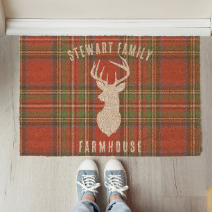 Plaid Rustic Deer Antler Stewart Tartan Fiber Doormat