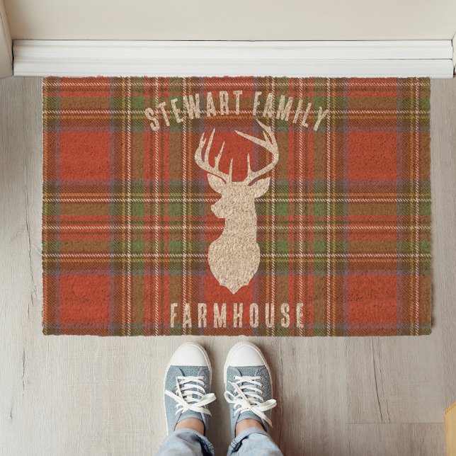 Plaid Rustic Deer Antler Stewart Tartan Fiber Doormat (Rustic Plaid Farmhouse Deer Antlers Beach House Tartan Doormat)
