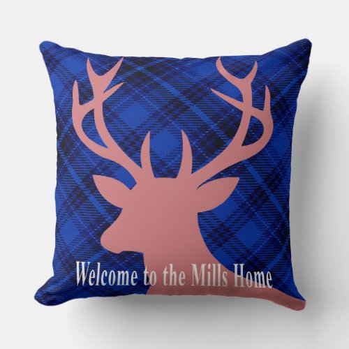 Plaid Rustic Deer Head Silhouette  mauve blue Throw Pillow