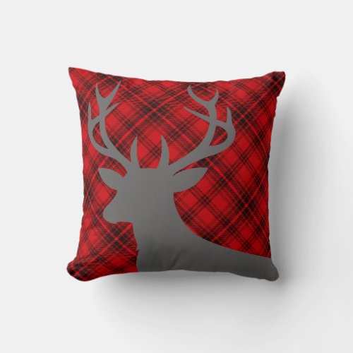 Plaid Rustic Deer Head Silhouette  red Throw Pillow